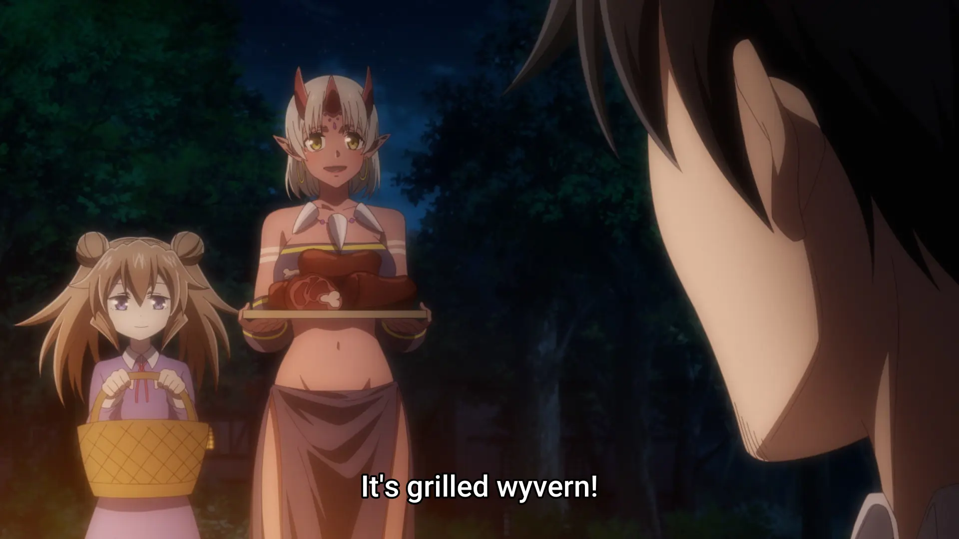 Screensshot from the anime "Salaryman ga Isekai ni Ittara Shitennou ni Natta Hanashi" showing two women approaching with food. The subtitle says "It's grilled wyvern!"