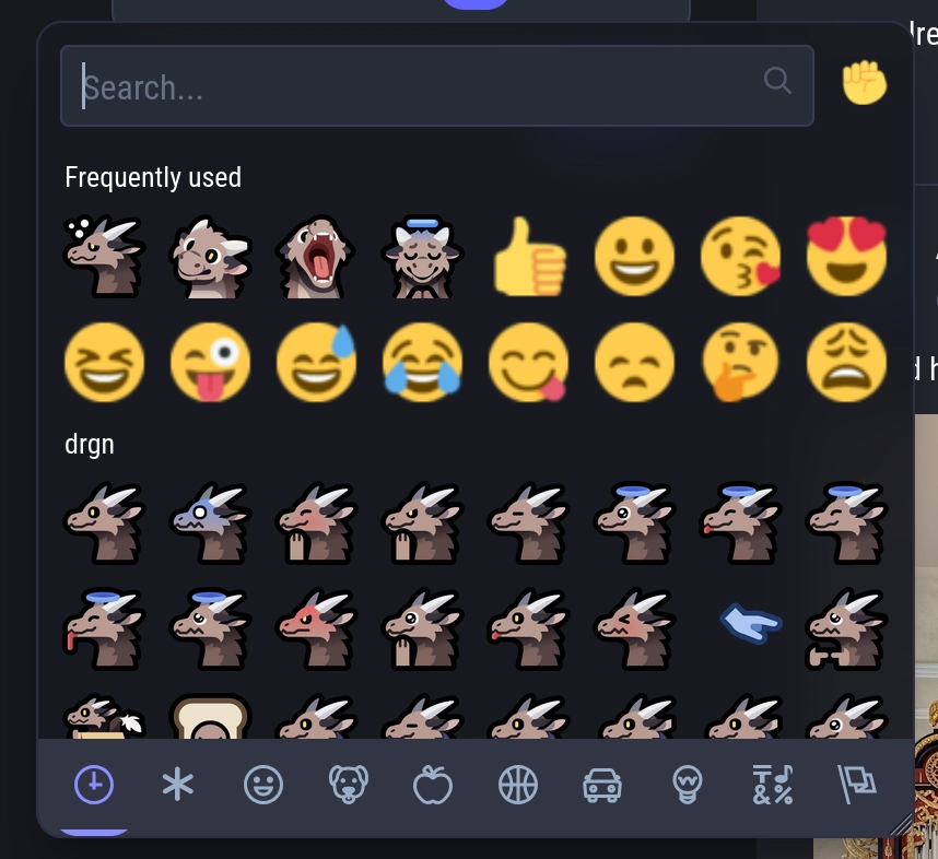 Emoji picker showing my "frequently used" emojis, except only the first 4 are and the rest are standard Unicode emojis that never leave this list.