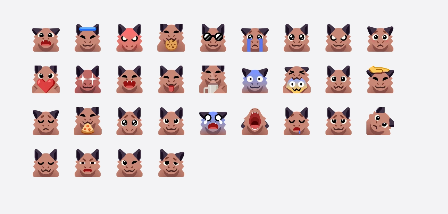 All emojis of the "wyv" emoji pack laid out in a grid.