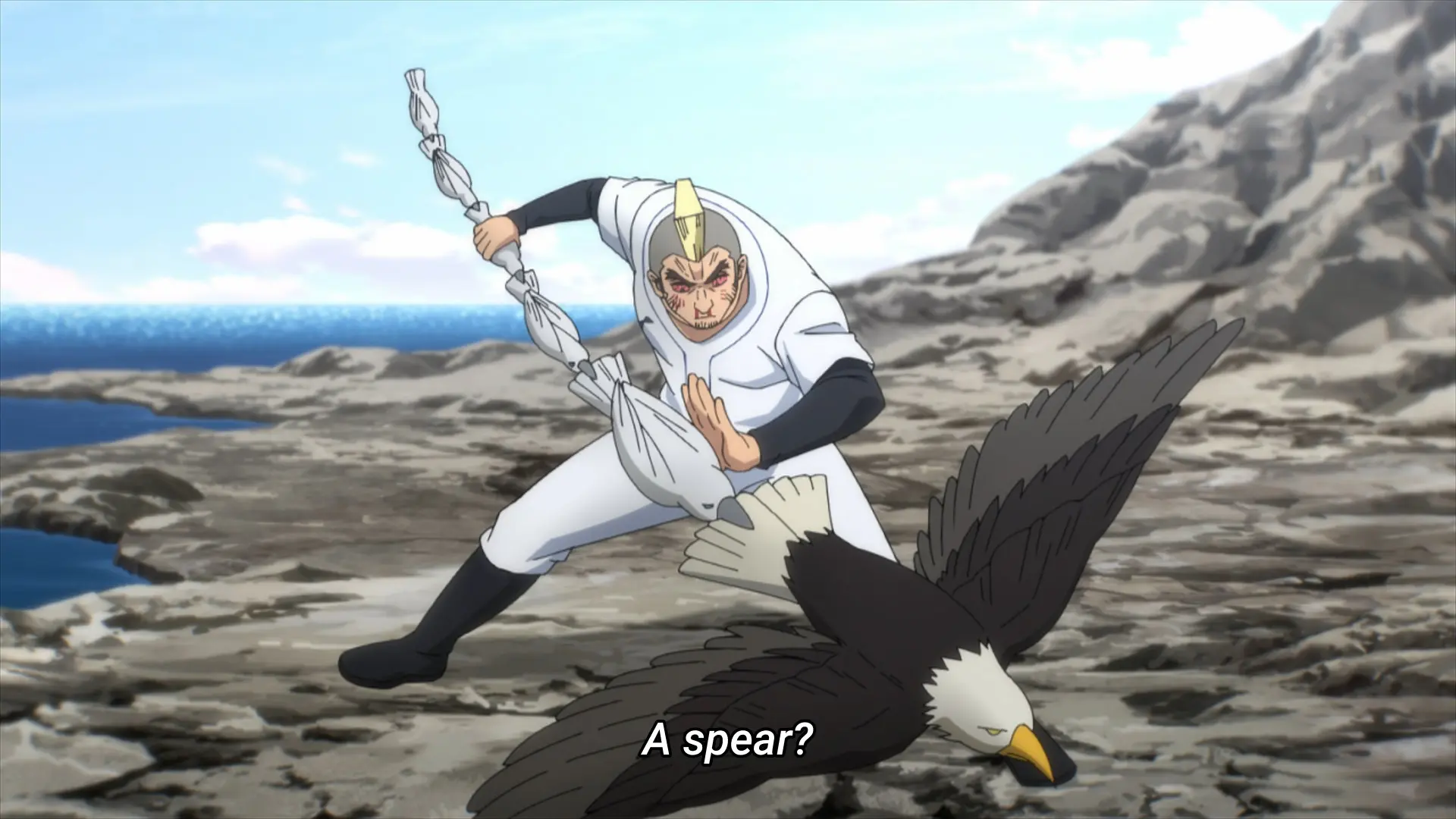 Screenshot from the anime "MARRIAGETOXIN" showing a man holding a spear made if birds holding onto another with their beak. The tip is a bald eagle.