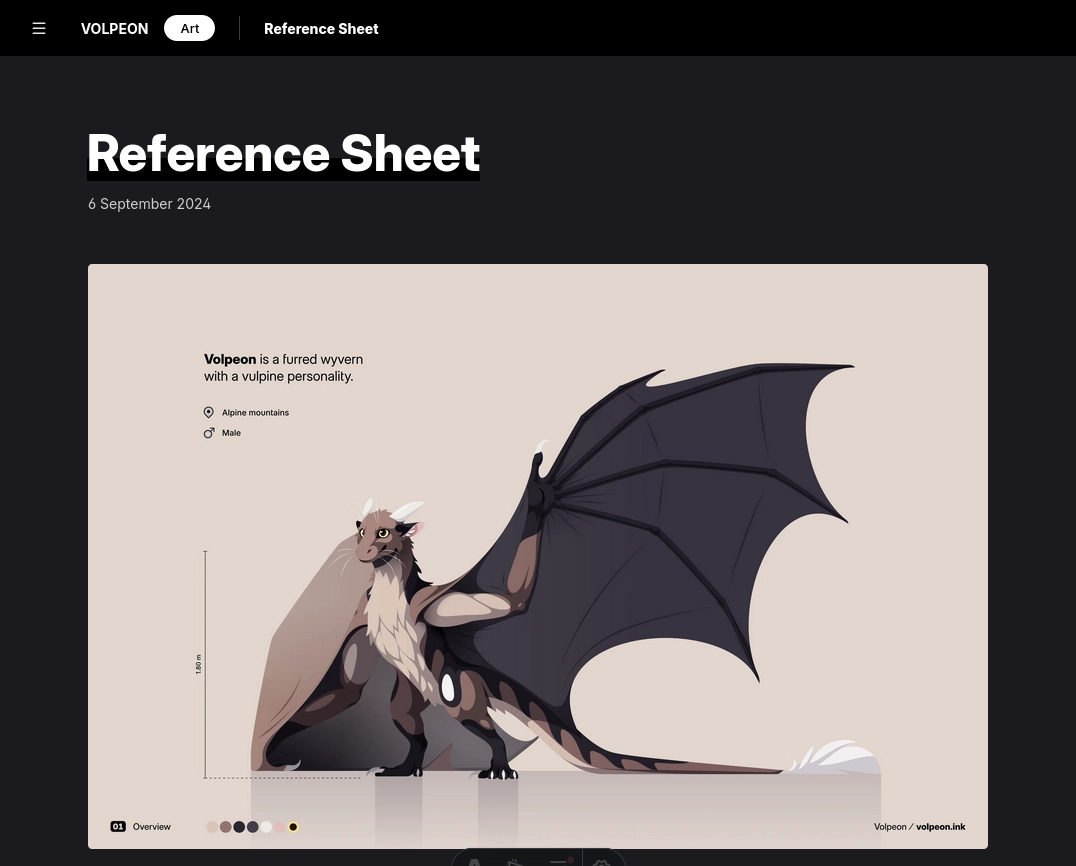 Another screenshot of my website showing an art project. Same header, but the tabs have been replaced with the project name: "Reference Sheet".