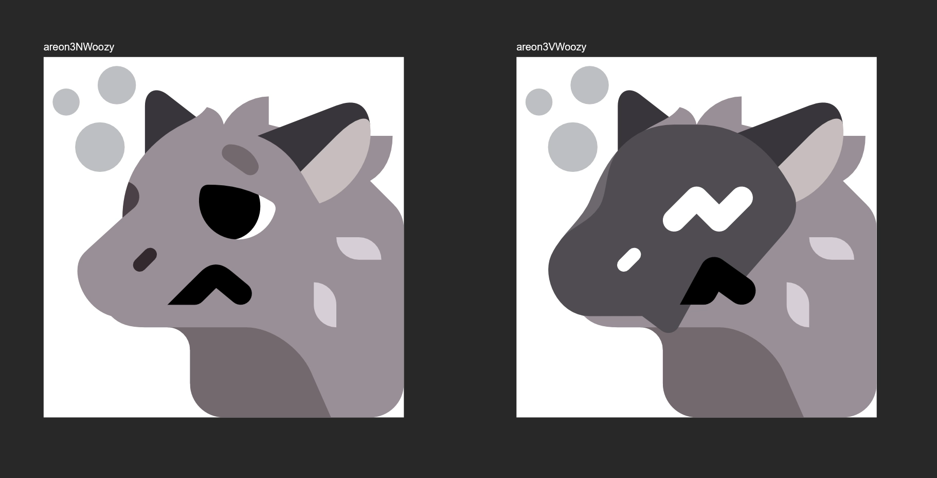 Screenshot of 2 emojis for Areon, a werewolf-like creature. He's woozy in both of them. In the second emoji, he wears a visor.