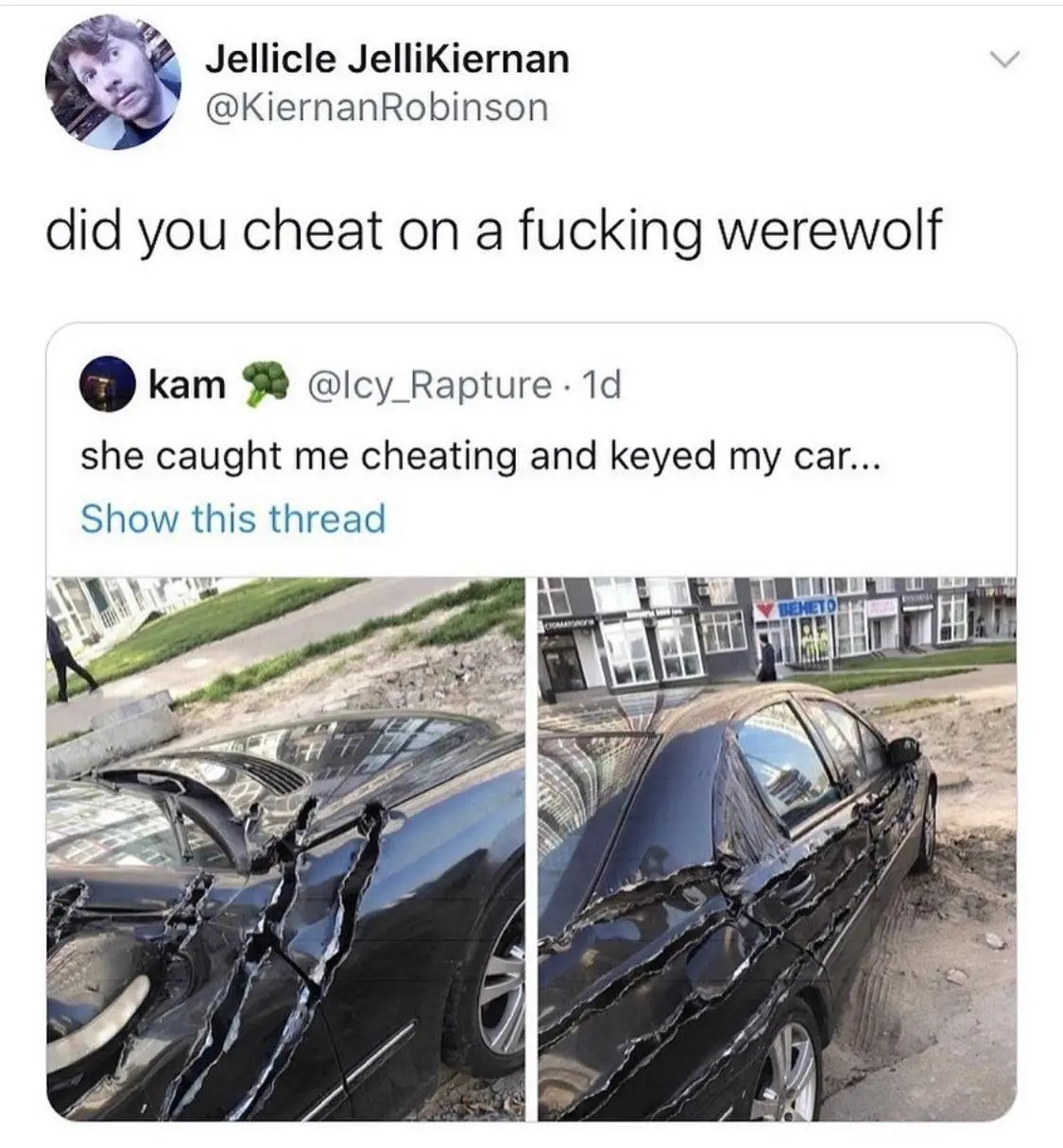 A Twitter post showing pictures of a car with deep long scratches on the right side that ripped the metal completely apart. Text: "she caught me cheating and keyed my car..."
The post has been quoted by someone with the comment "did you cheat on a fucking werewolf".
