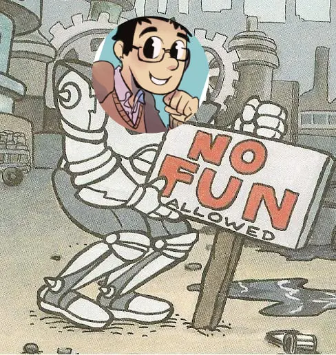 A robot putting a sign in the ground that says "no fun allowed." Its head has been replaced with Gargron's avatar.
