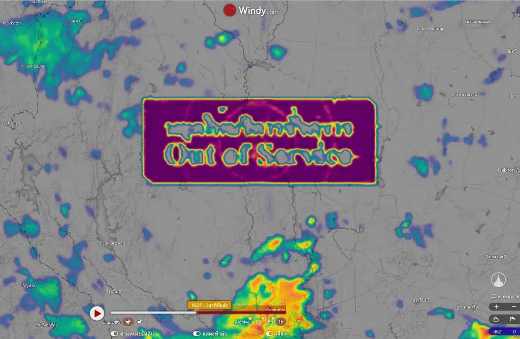 Satellite view visualizing the cloud coverage of some area later today. In the center there's a strange rectangular cloud with the text "Out of Service".