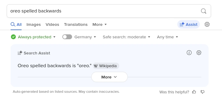 DuckDuckGo with the query "oreo spelled backwards". The AI assistant says "Oreo spelled backwards is 'oreo'."