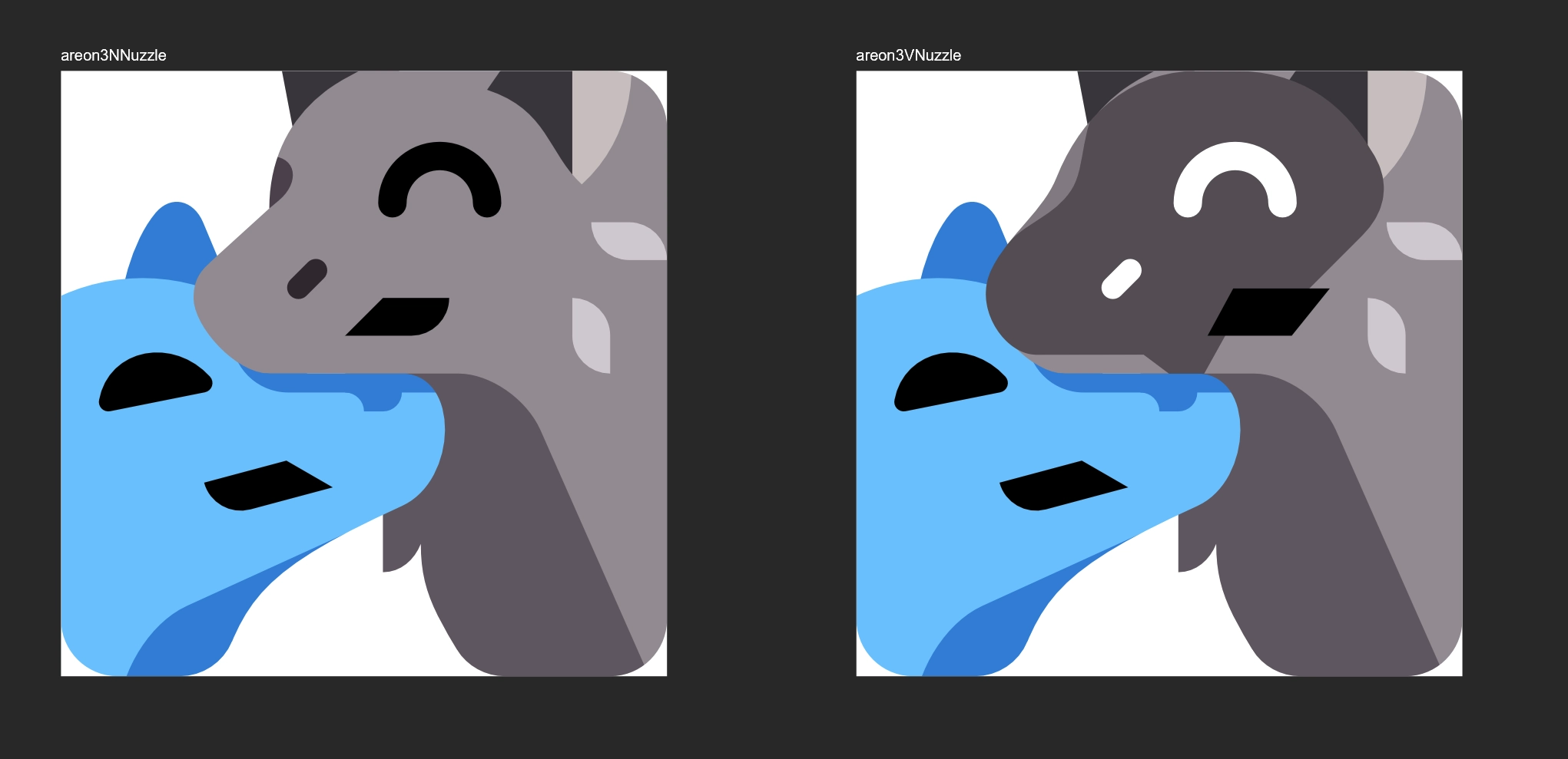 Screenshot of 2 emojis showing a blue wolf rubbing its snout against Areon, a werewolf-like creature. They both look happy. In one emoji, Areon wears a visor.