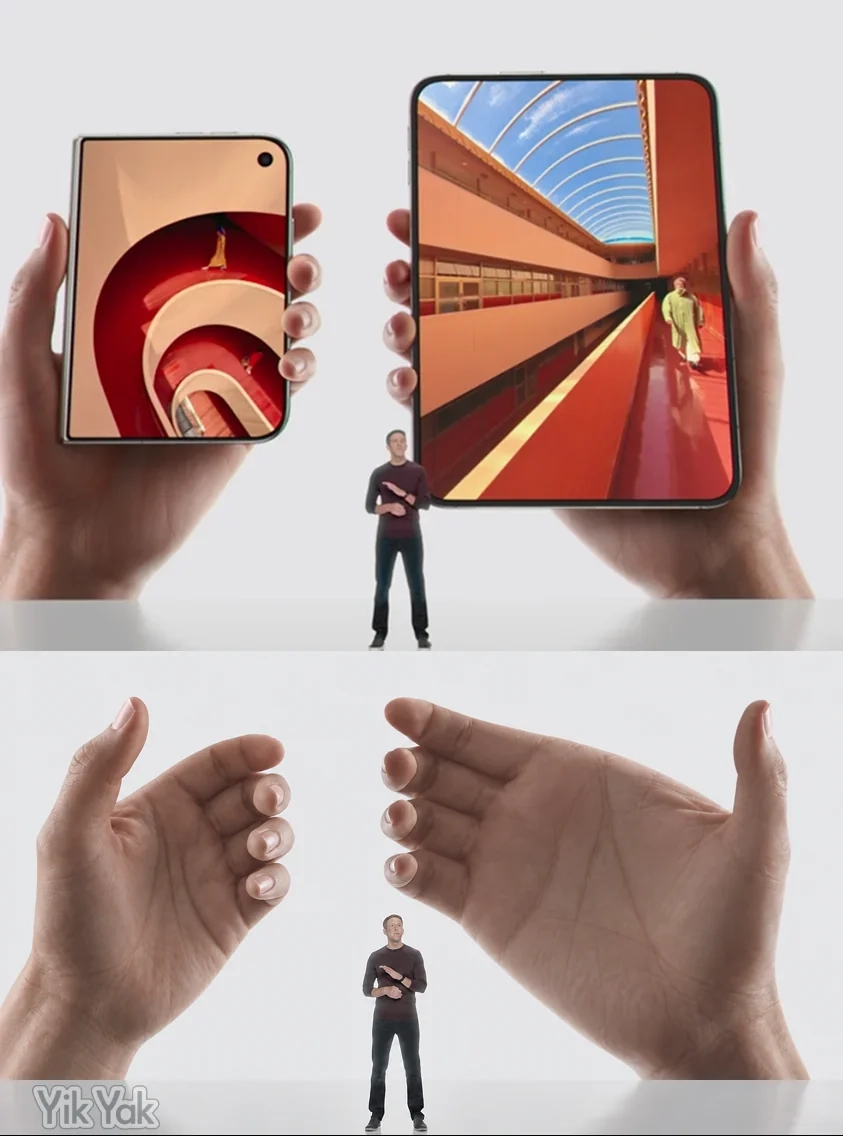 Photo of Apple's keynote where they show the iPhone Duo held in one hand in its folded and its unfolded form. The right hand would never be able to hold it as shown, so below is an edit of what the hand would have to look like.
