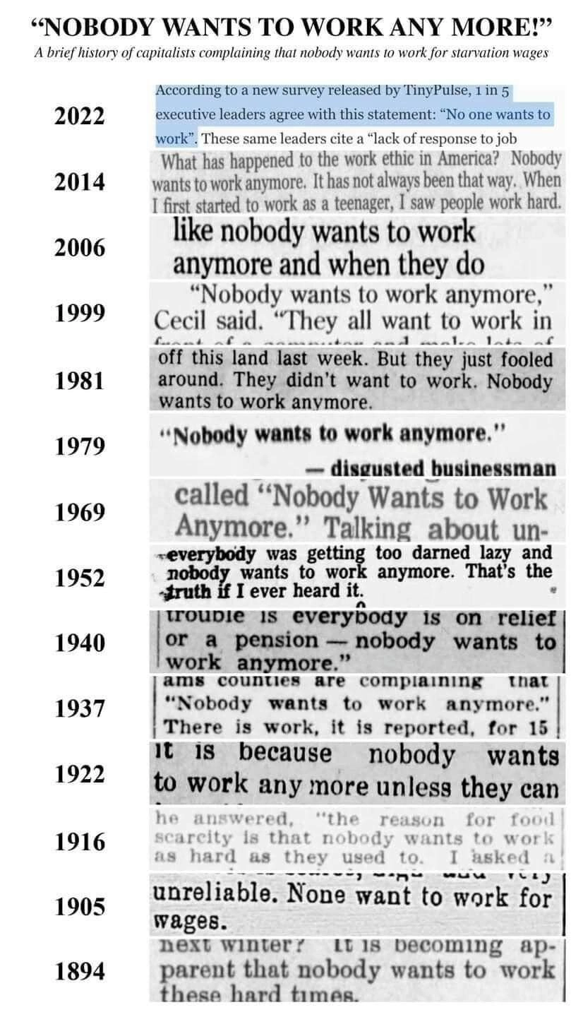 A screenshot showing 14 excerpts of articles claiming "nobody wants to work anymore". It's an even distribution from 1894 until 2022.