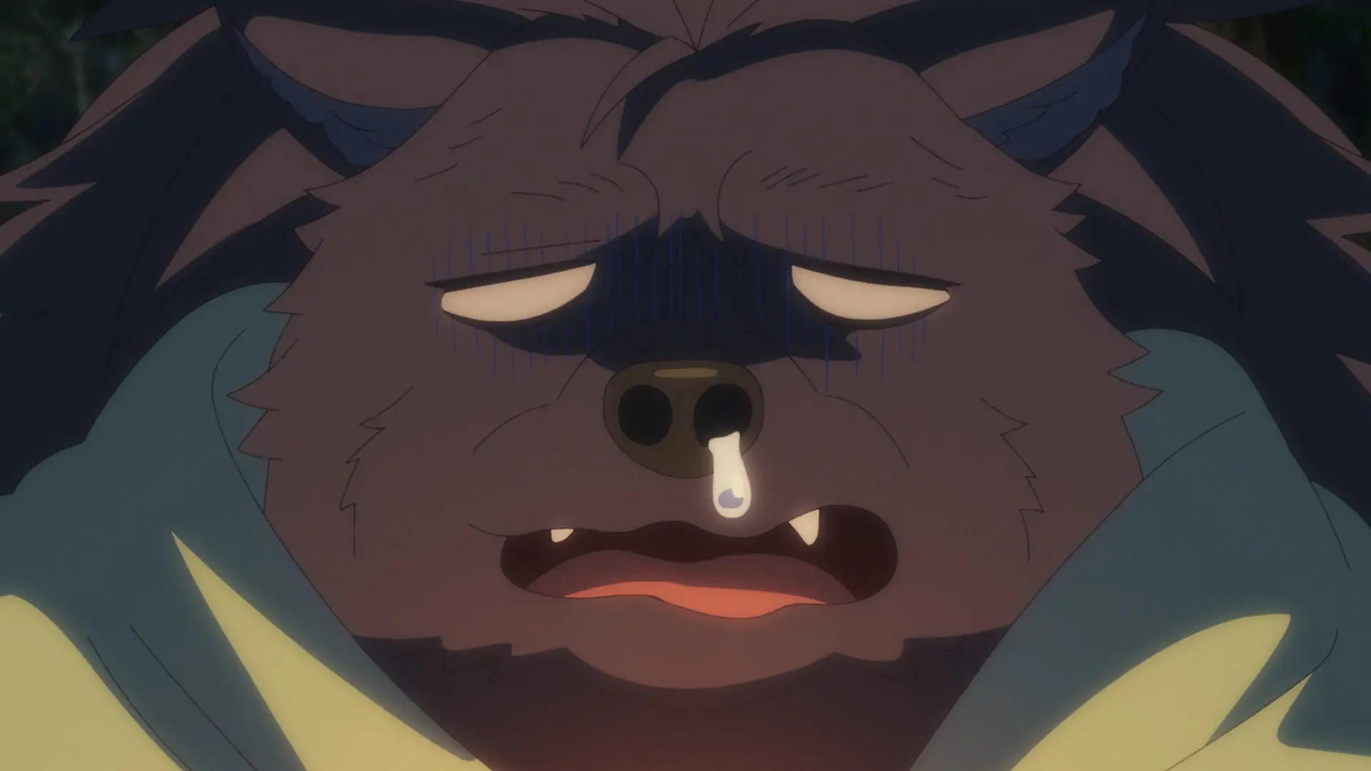 Screenshot from the anime "Kanteishi (Kari)" showing Claude, a wolf person, with a running nose and generally ill facial expression.