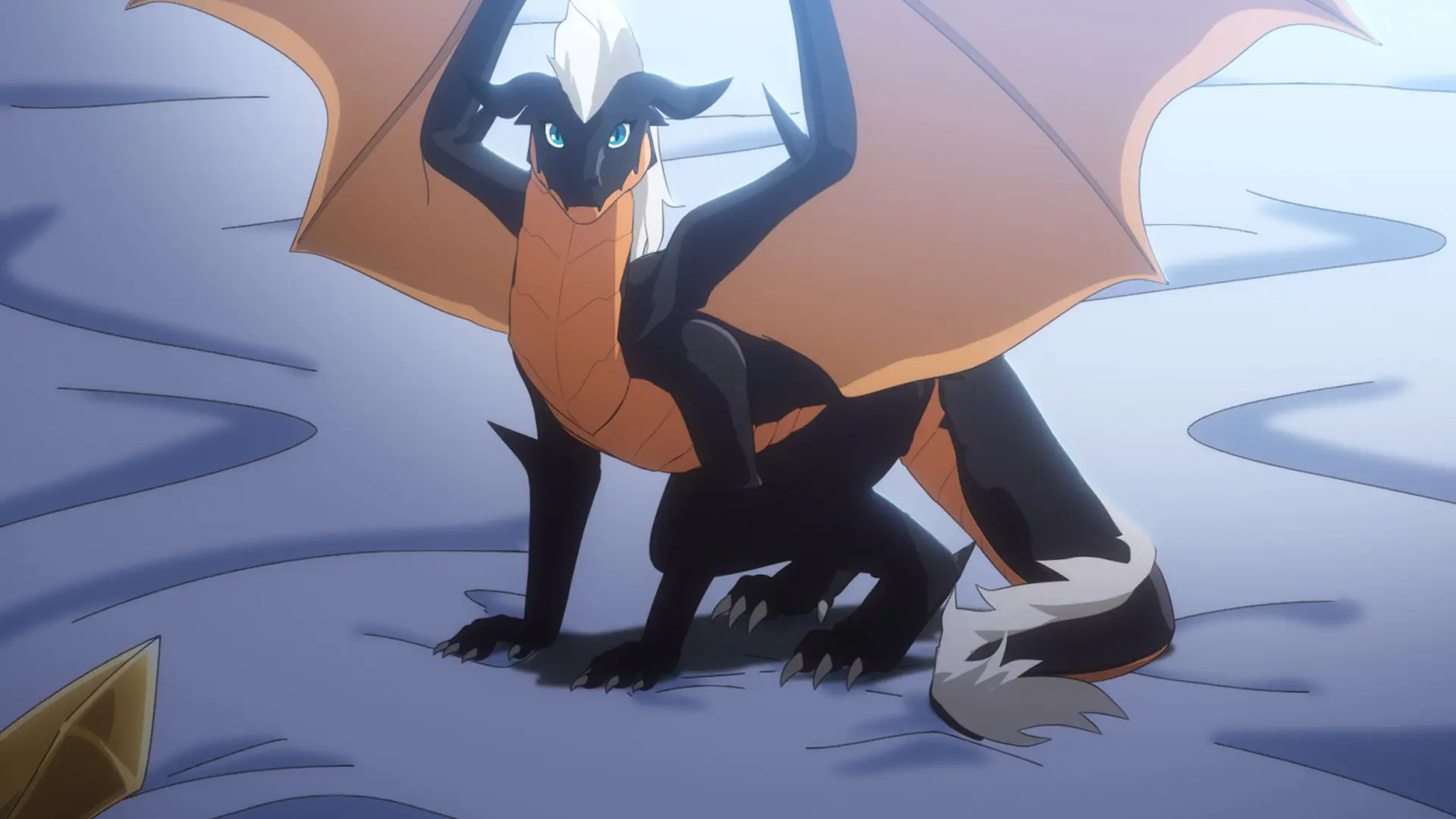 A small dragon standing on a bed. Screenshot of the opening of the anime "Tensei shita Daiseijo wa, Seijo de Aru Koto wo Hitakakusu".