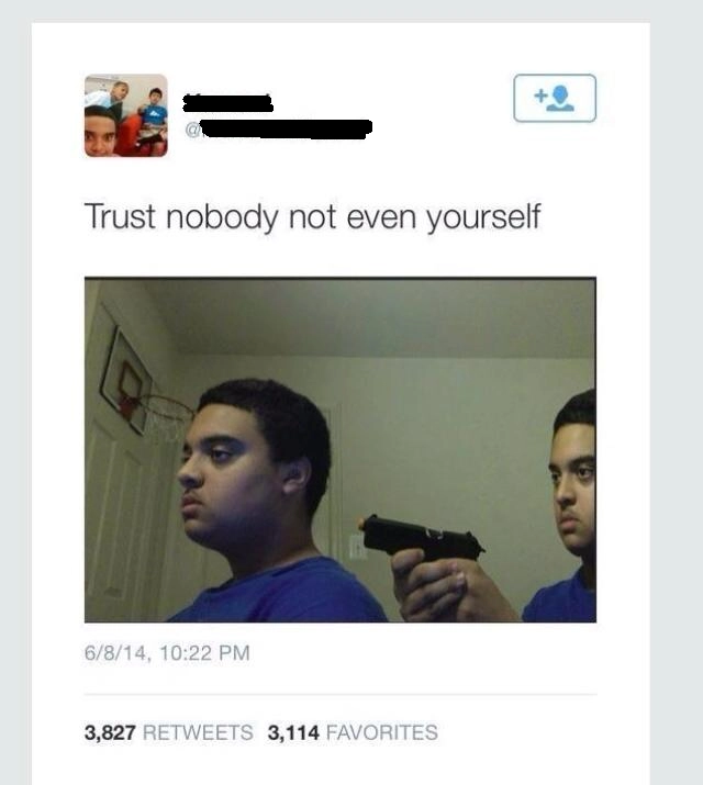 An old Twitter post saying "Trust nobody not even yourself", followed by an edited photograph of a person pointing a gun at someone who looks exactly identitcal.