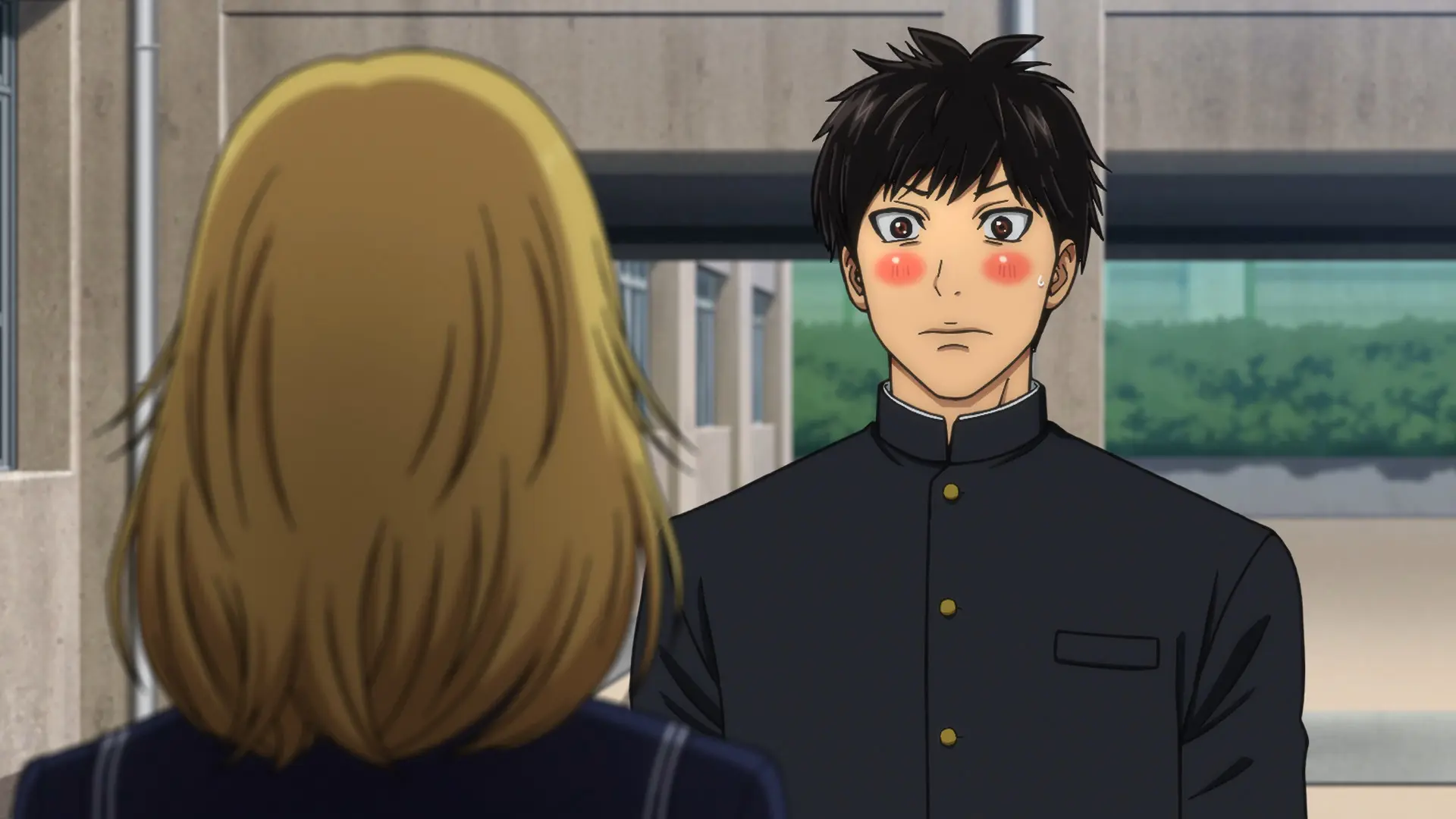 Screenshot from the anime "Toujima Tanzaburou wa Kamen Rider ni Naritai" showing the protagonist blushing while facing a girl. The blushing is drawn way too strongly.