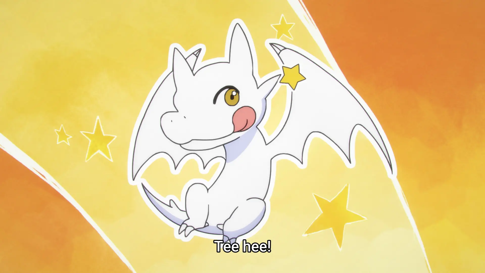 Screenshot from the anime "Yarinaoshi Reijou wa Ryuutei Heika wo Kouryakuchuu" showing a small white wyvern making a funny face. The subtitle says "Tee hee!"