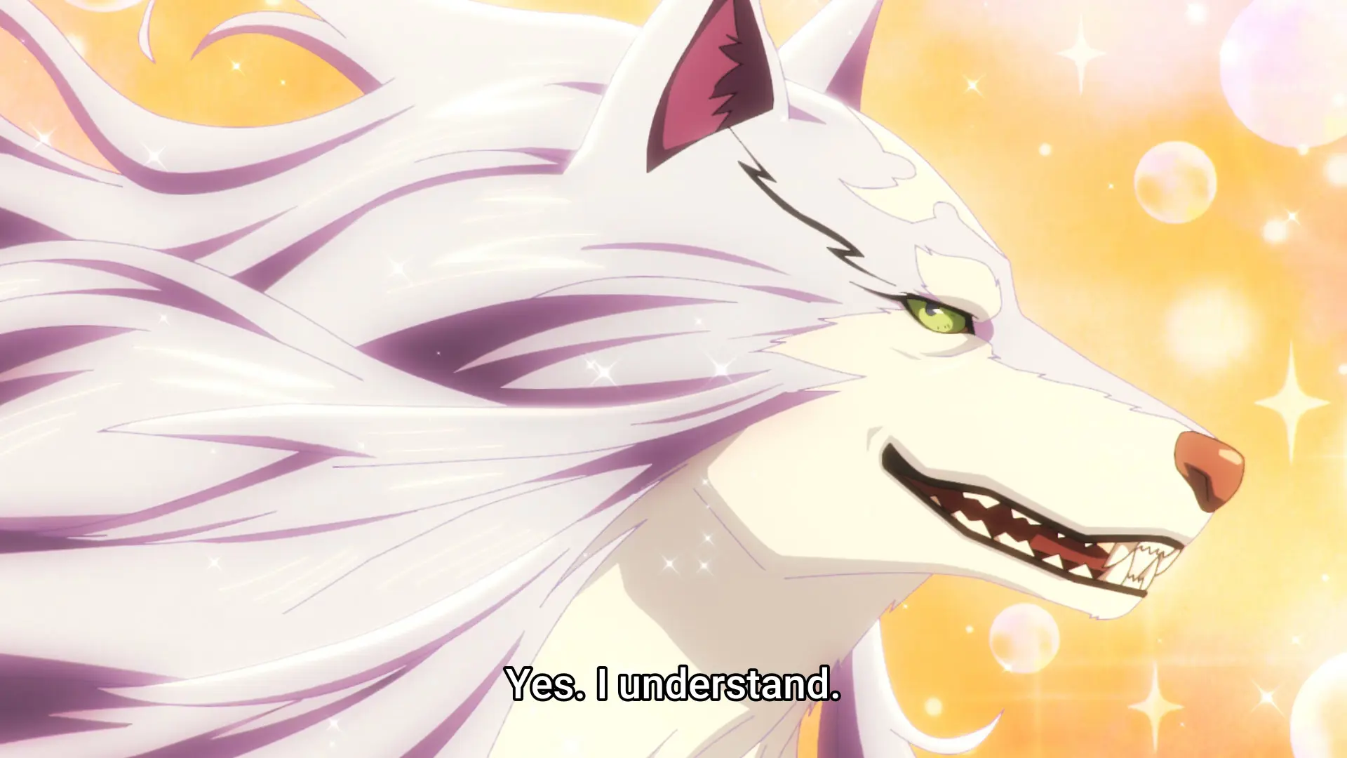 Screenshot from the anime "Tondemo Skill de Isekai Hourou Meshi S2" showing Fel, a huge wolf, in profile. His long fur flows in the air majestically and there are sparkles in the background as he says with a calm and cool expression: "Yes. I understand."