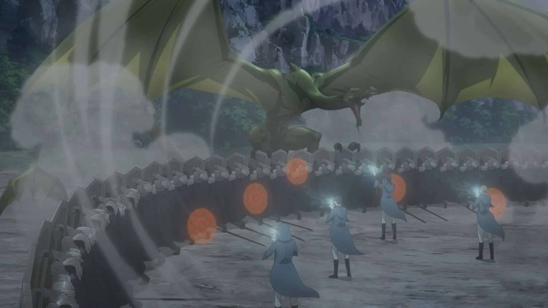 Screenshot from the anime "Silent Witch - Chinmoku no Majo no Kakushigoto" showing a green wyvern in front of warriors with big shields and magicians. The wings are very large, but the membrane doesn't even reach the legs which makes them pretty useless.
