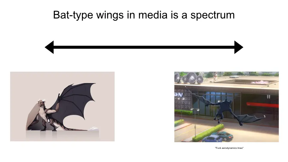 Bat-type wings in media is a spectrum

One end: My wyvern character with wings fully connected to the body.
Other end: A bat character those wing membranes only go up to the elbow. There's a tiny text below saying "Fuck aerodynamics lmao"