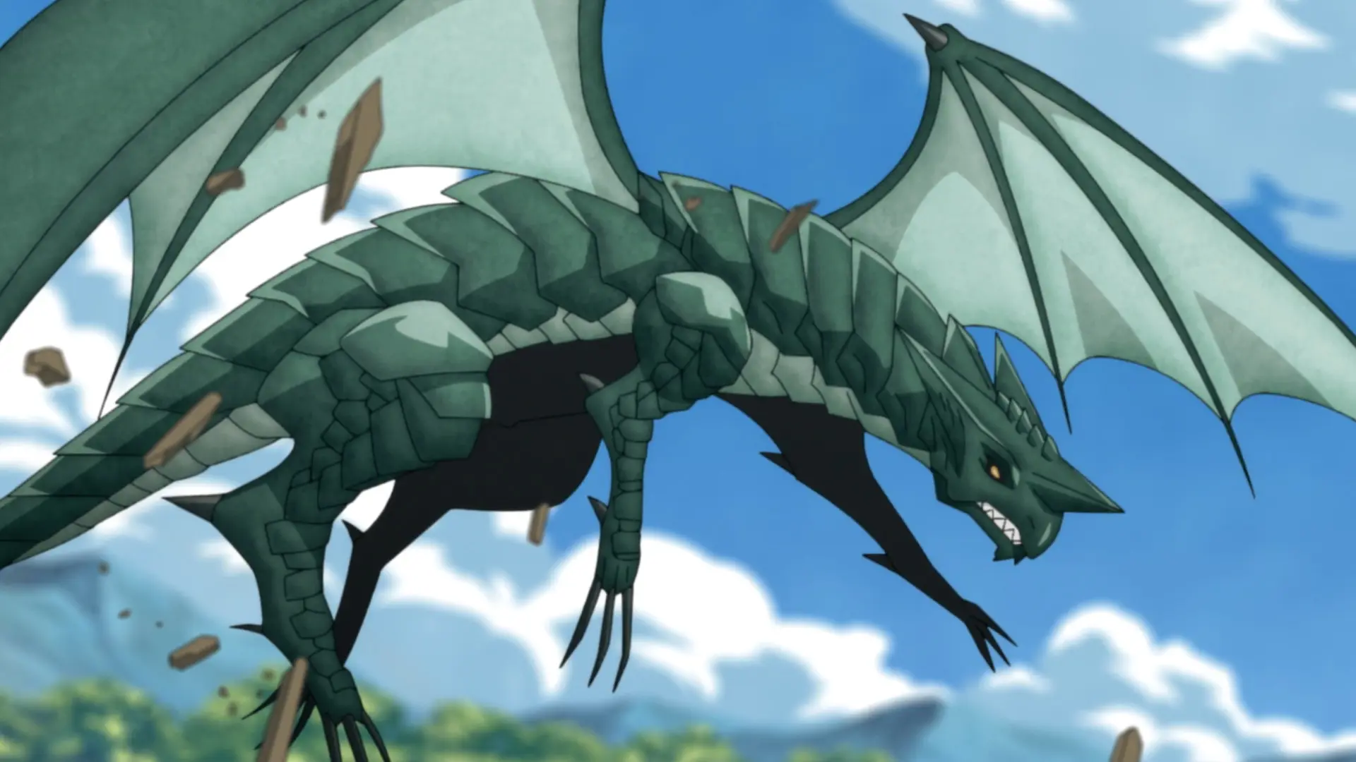 Screenshot from the anime "Okiraku Ryoushu no Tanoshii Ryouchi Bouei" featuring a green dragon whose wing membranes aren't connected to the torso at all.