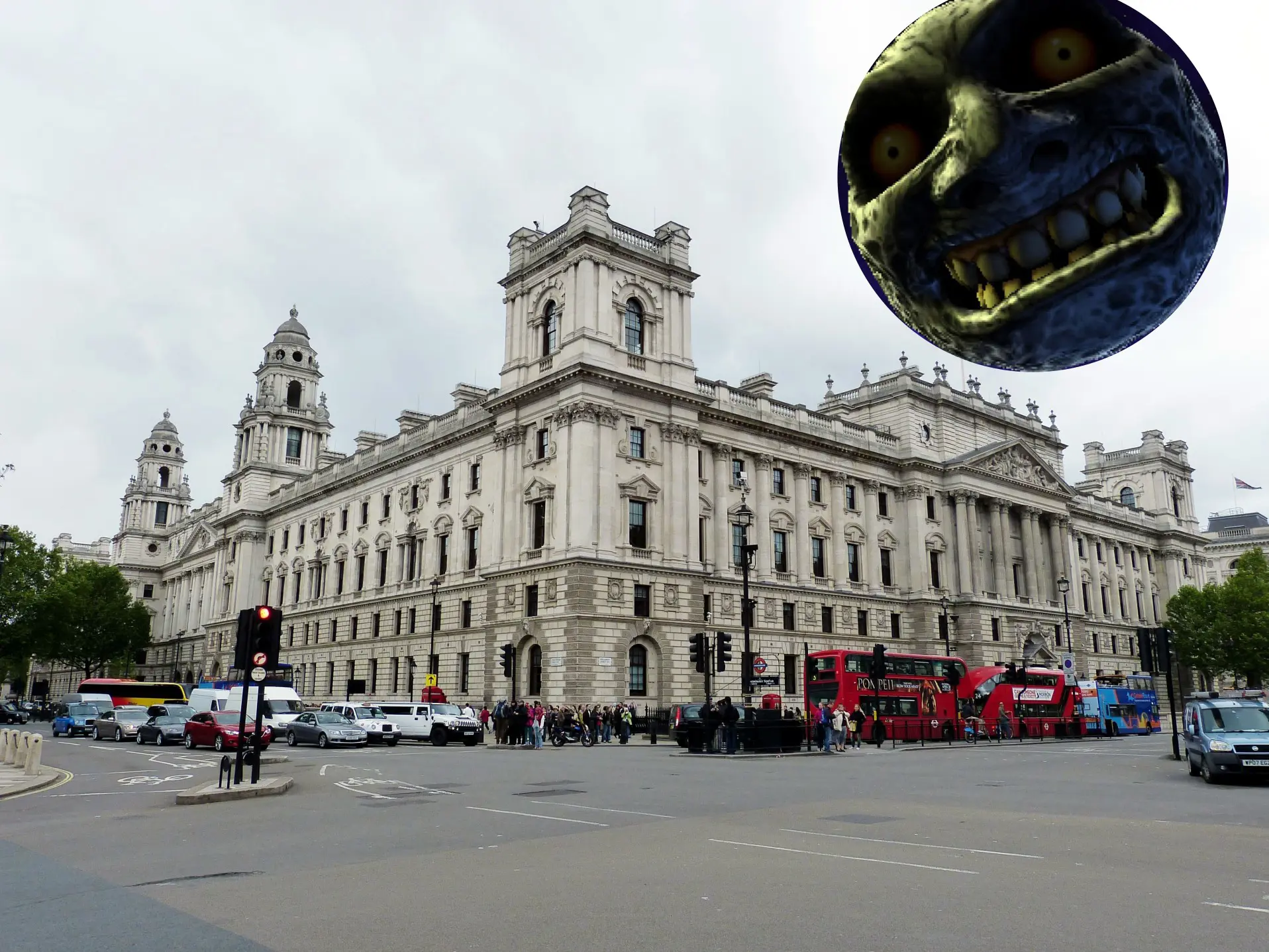 A photograph showing a large building in the UK. In the sky, there's the moon from The Legend of Zelda: Majora's Mask.