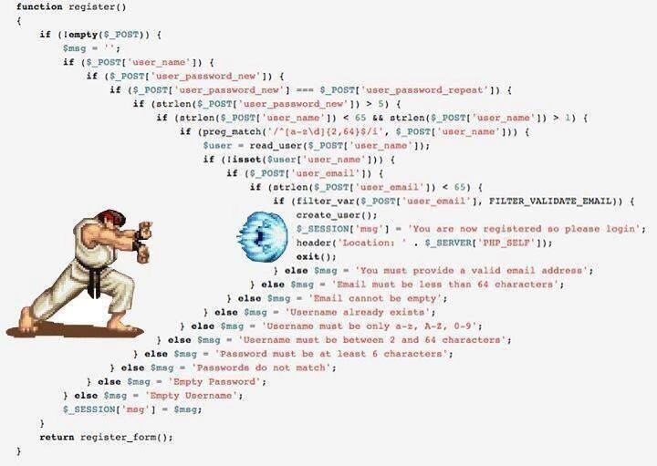 Screenshot of some code with many nested if branches indenting further and further, then going back as each branch closes. A Street Fighter character has been added performing the Hadouken, an attack sending a ball of light to the right which is made to look like it's responsible for the indentation.