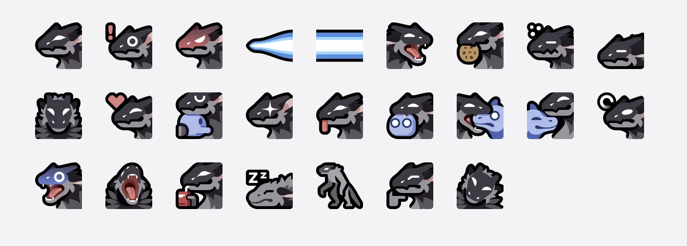 25 emojis of Areon, a werewolf-like creature with a visor on its face, laid out on a grid.