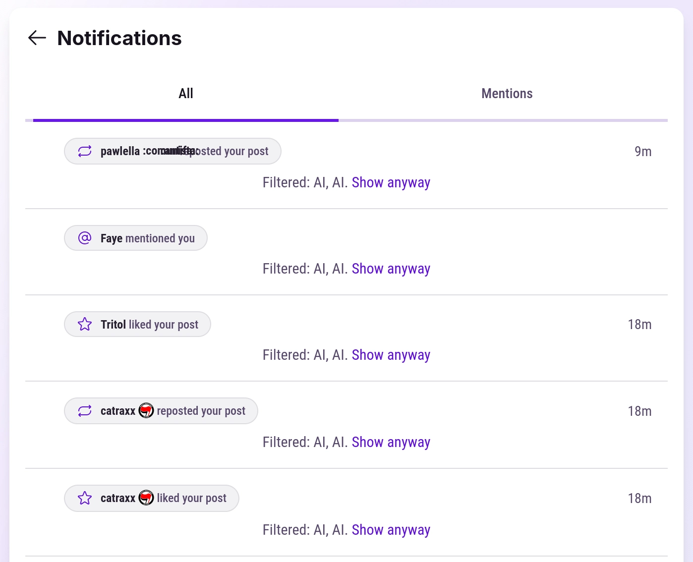 My notifications filled with "Filtered: AI, AI. (SHow anyway)" notes.