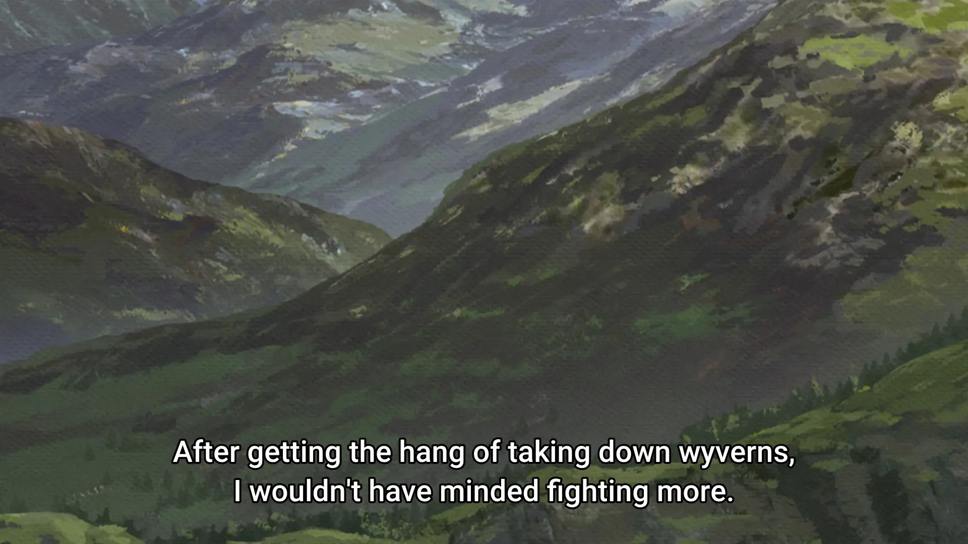 Screenshot from the anime "Mizuzokusei no Mahoutsukai" showing some mountains. The subtitle says "After getting the hang of taking down wyverns, I wouldn't have minded fighting more."