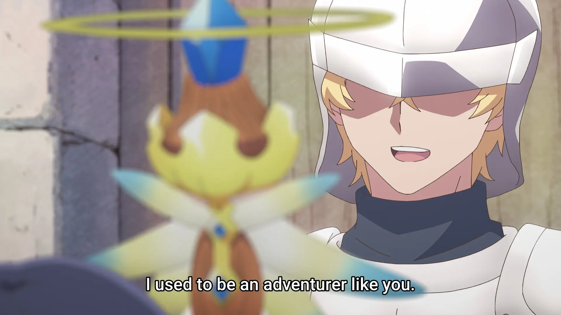 Screenshot from the anime "Sekai Saikyou no Majo, Hajimemashita" showing a medieval security guard. He says "I used to be an adventurer like you."