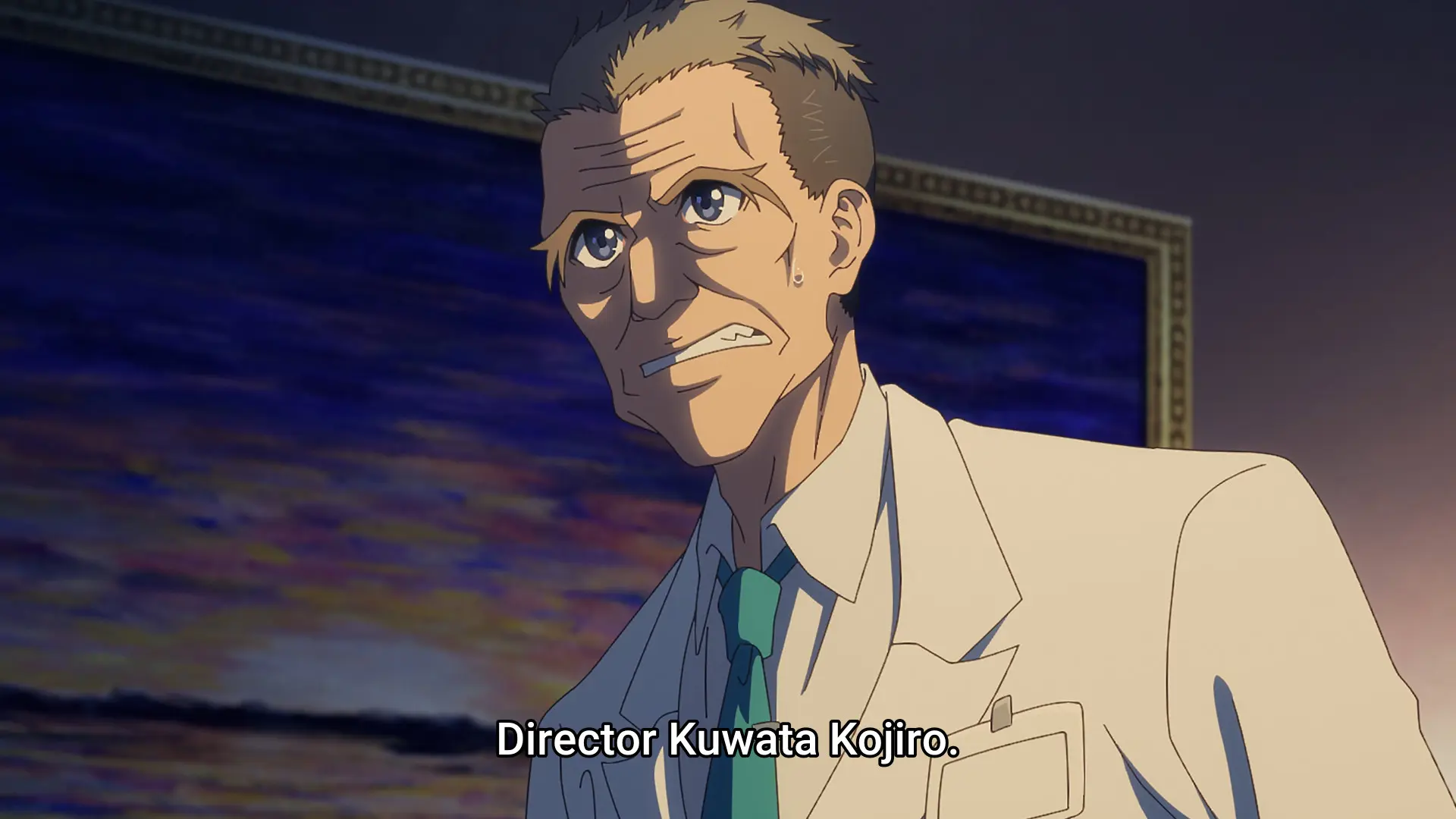 Screenshot from the anime "Ameku Takao no Suiri Karte" showing an older man with eyes featuring large irises which don't match the usual art style of the anime.