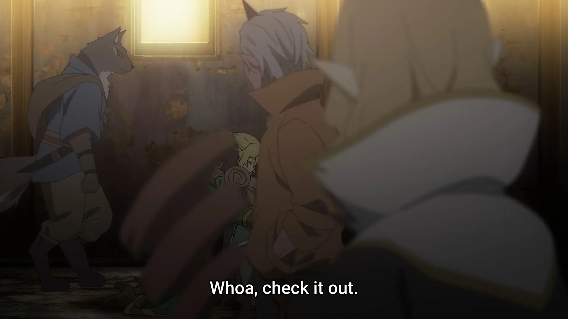 Screenshot from the anime "Mugen Gacha" showing a scene where people are passing by the protagonist. In the background there's an anthropomorphic cat character being as I described.