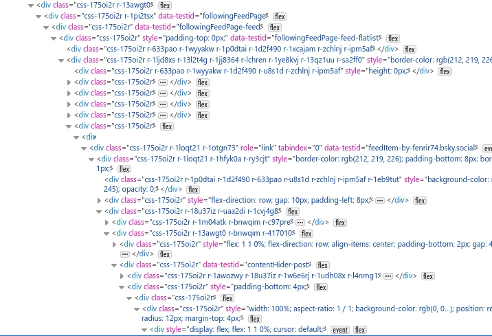 Excerpt of a web app's HTML source code. It's all generic <div> elements.