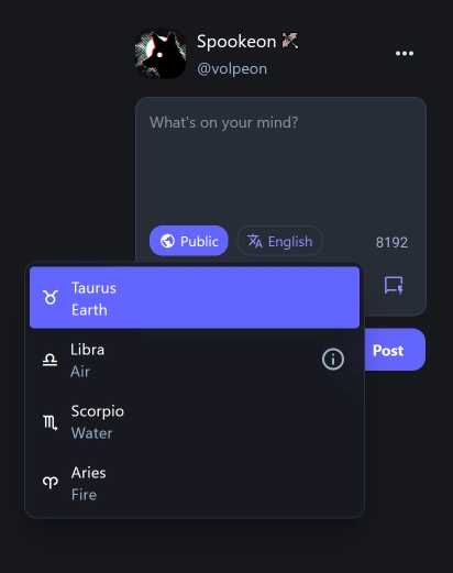 Mastodon scope posts, but edited to say:
- Taurus (Earth)
- Libra (Air)
- Scorpio (Water)
- Aries (Fire)
