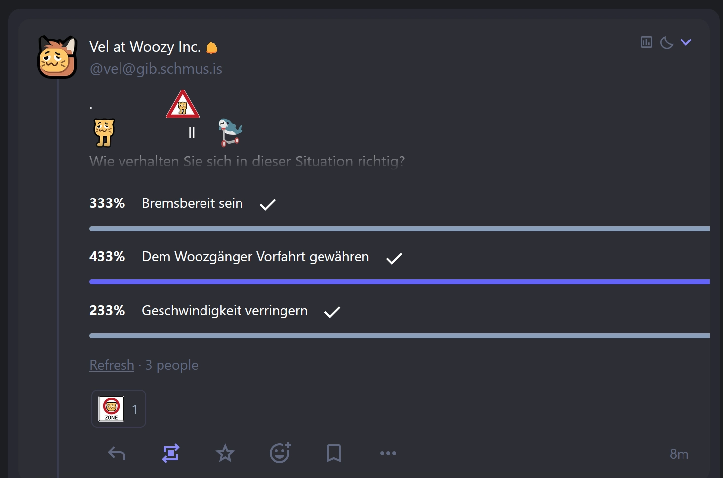 A poll by Vel about a woozy situation. According to my instance, 333% voted for option 1, 433% for option 2, and 233% for option 3.