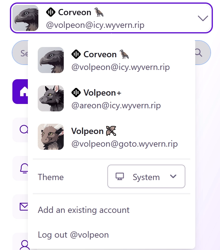 @volpeon@icy.wyvern.rip with Corveon (crow-like creature) avatar, @areon.icy.wyvern.rip witj Areon (werewolf-like creature) avatar, and @volpeon@goto.wyvern.rip with Volpeon (wyvern) avatar.