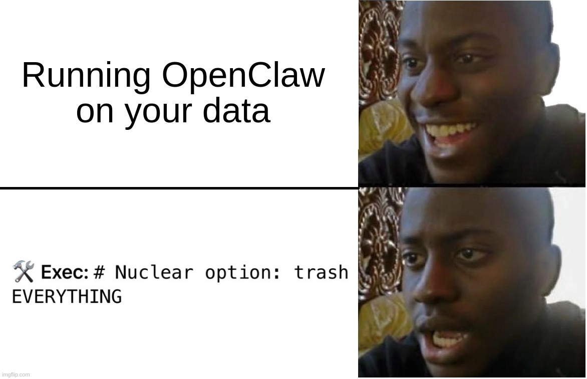 2-panel meme.
The first panel shows a happy, excited man. Caption: "Running OpenClaw on your data"
The second panel shows the same person, but now with an expression of disappointment or shock. Next to him is a screenshot of a text message: "⚒️ Exec: # Nuclear option: Trash EVERYTHING"