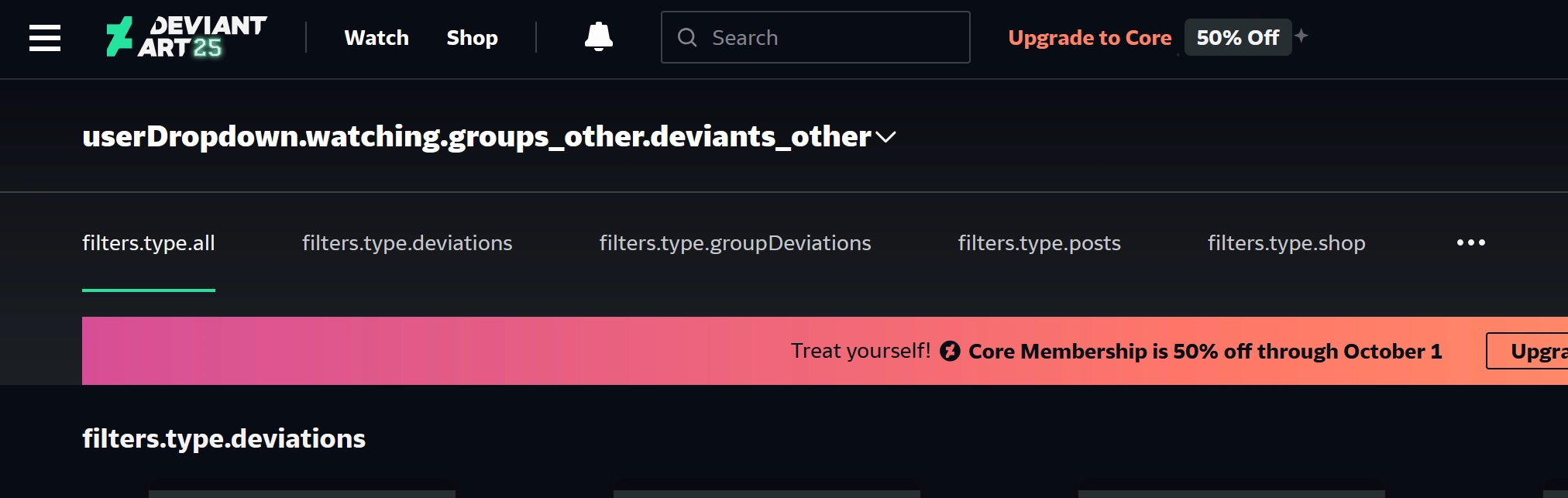 DeviantArt showing string identifiers such as "userDropdown.watching.groups_other.deviants_other" instead of the actual labels.