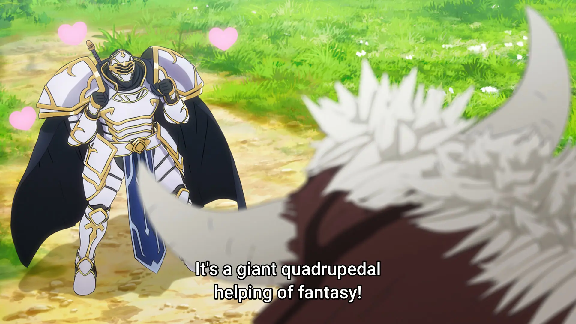 Screenshot from the anime "Gaikotsu Kishi-sama, Tadaima Isekai e Odekakechuu S2" showing the main character saying "It's a giant quadrupedal helping of fantasy!"