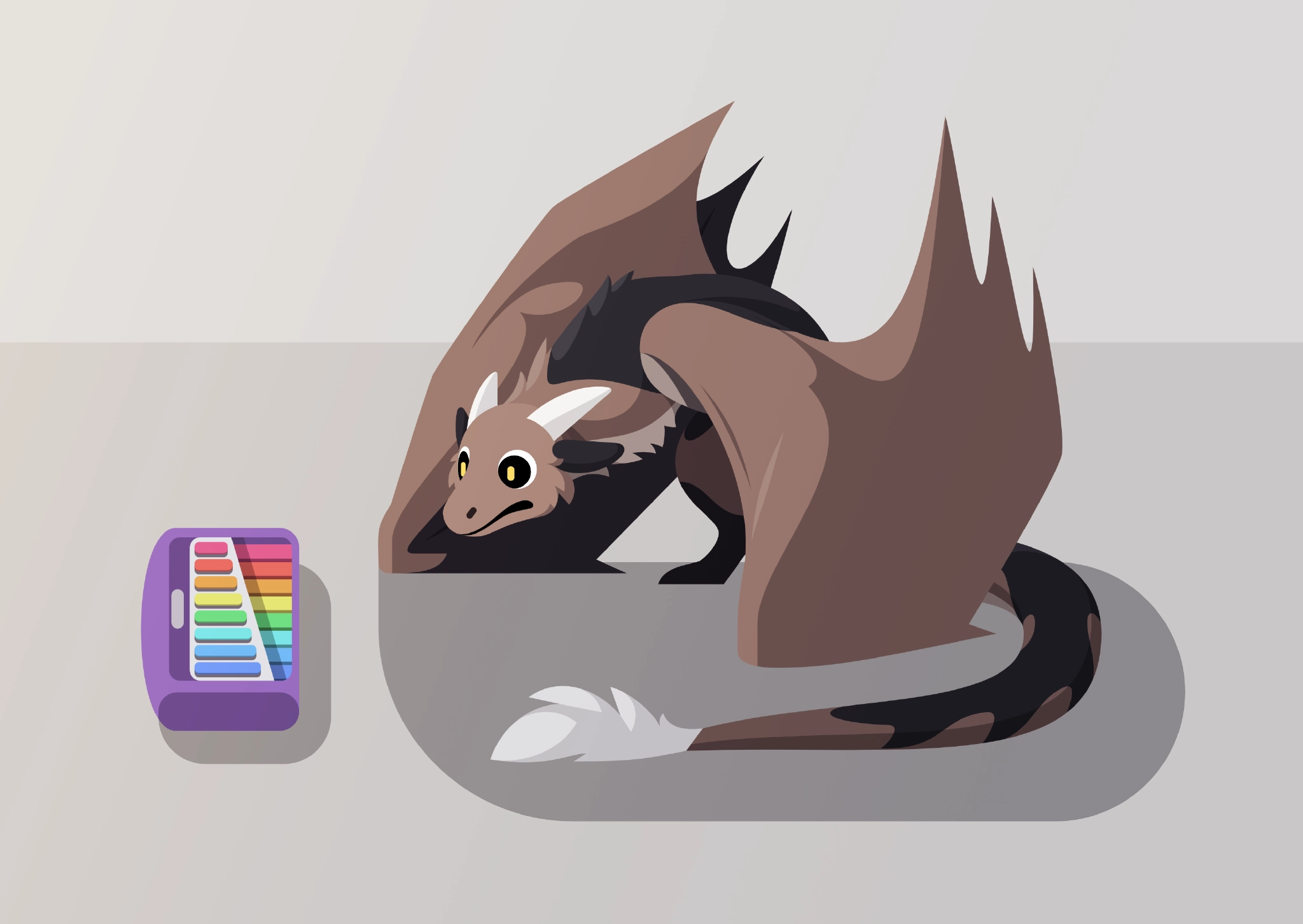A brown furred wyvern curiously inspecting a children's keyboard in front of it. The drawing is mimicking the "Neil Banging Out the Tunes" meme.