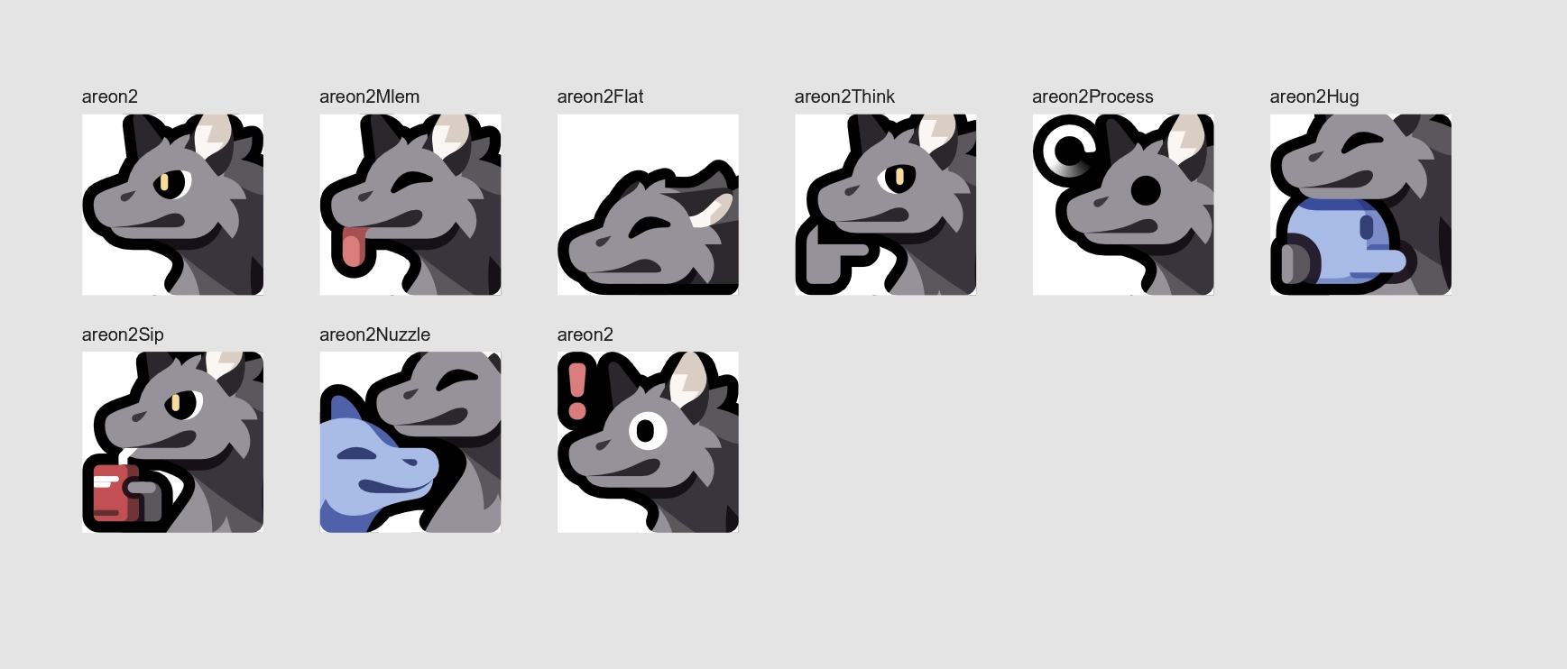 Grid showing 9 emojis of my werewolf-like character. They're done with my usual art style with heavy black outlines.