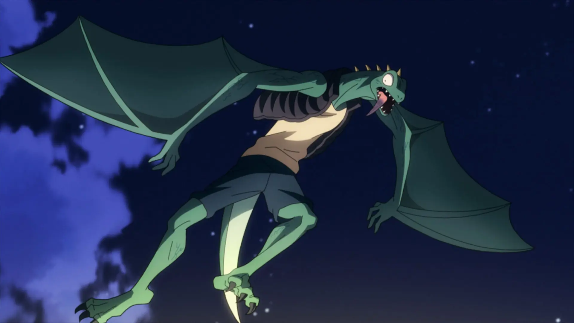 Screenshot from the anime "Vigilante - Boku no Hero Academia Illegals" showing a villain who had turned into a humanoid wyvern. The wing membranes aren't connected to the torso at all.