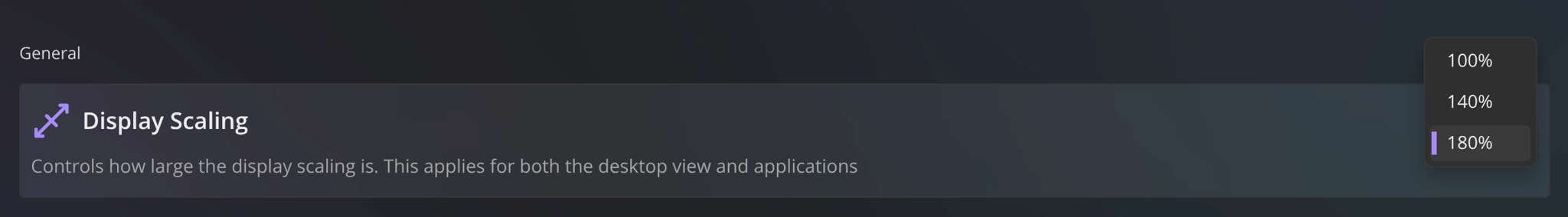 Display scaling option in Winboat, offering 100%, 140% and 180%