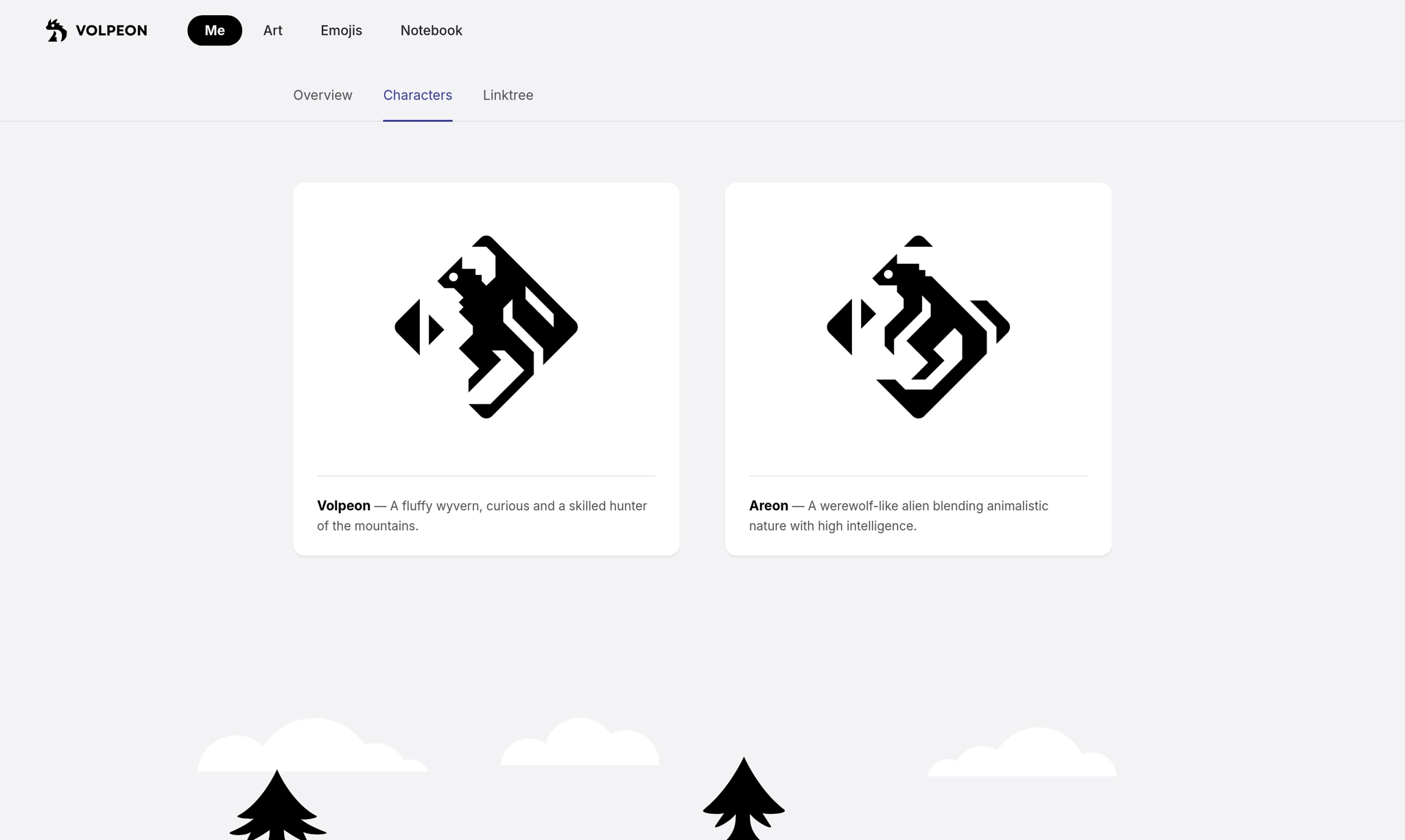 "Characters" section of my website, featuring 2 card leading to references for my wyvern and my werewolf character respectively. The cards show the logos I created today.