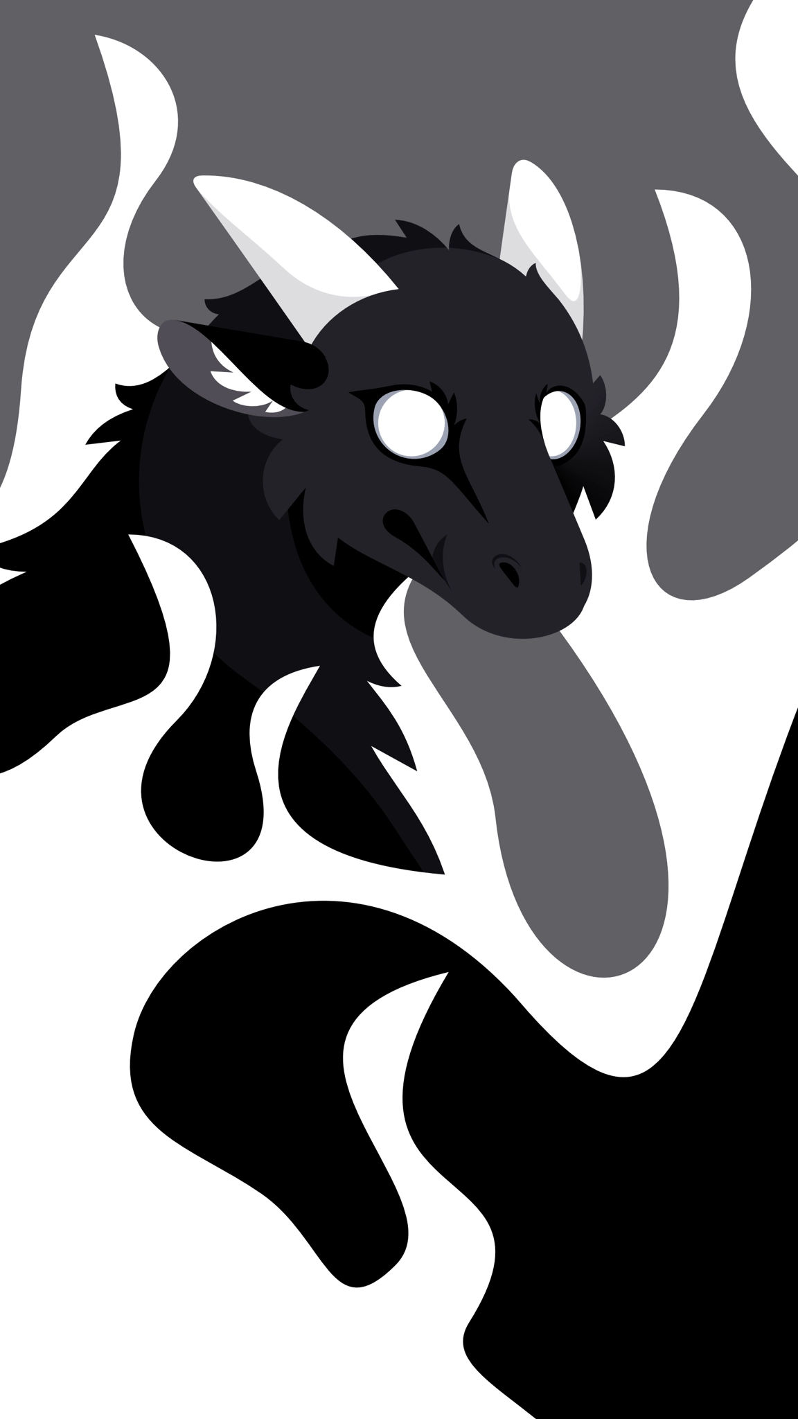 Monochrome vector wallpaper showing a furred wyvern. Only his head and neck are visible as dark gray shades in front of a lighter gray background. His eyes are white circles, and there's some white ethereal smoke rising all around him.