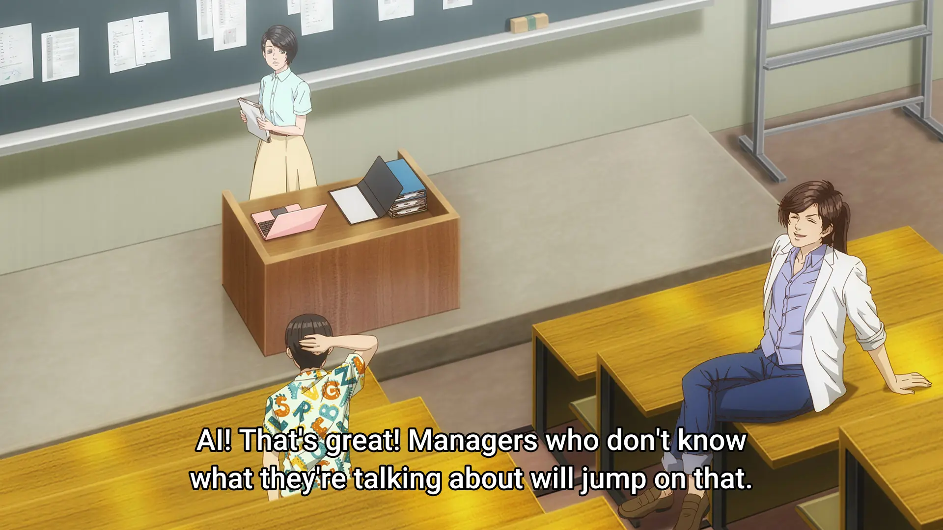 Screenshot from the anime "Trillion Game" showing the main characters in an auditorium. The subtitle says "AI! That's great! Managers who don't know what they're talking about will jump on that."