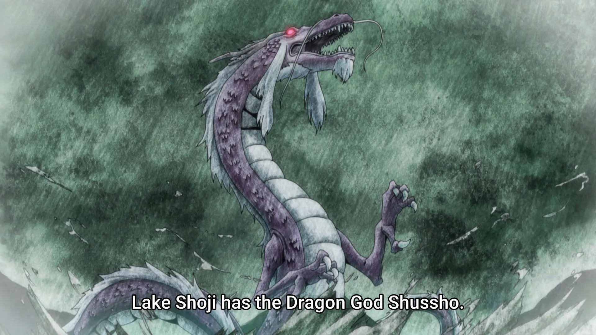 Same anime, now showing a purple eastern dragon with white scales on the underside and also white fur on the back. The subtitle says "Lake Shoji has the Dragon God Shussho."