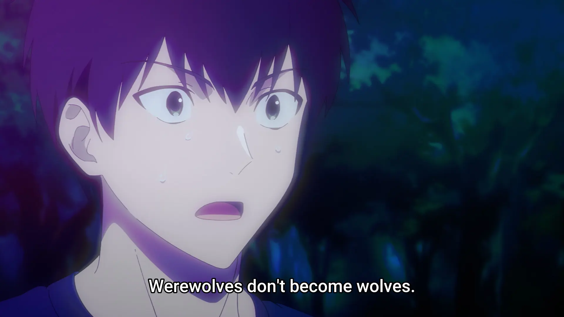 Screenshot from the anime "Witch Watch" showing a guy with a shocked facial expression. Subtitle: "Werewolves don't become wolves."
