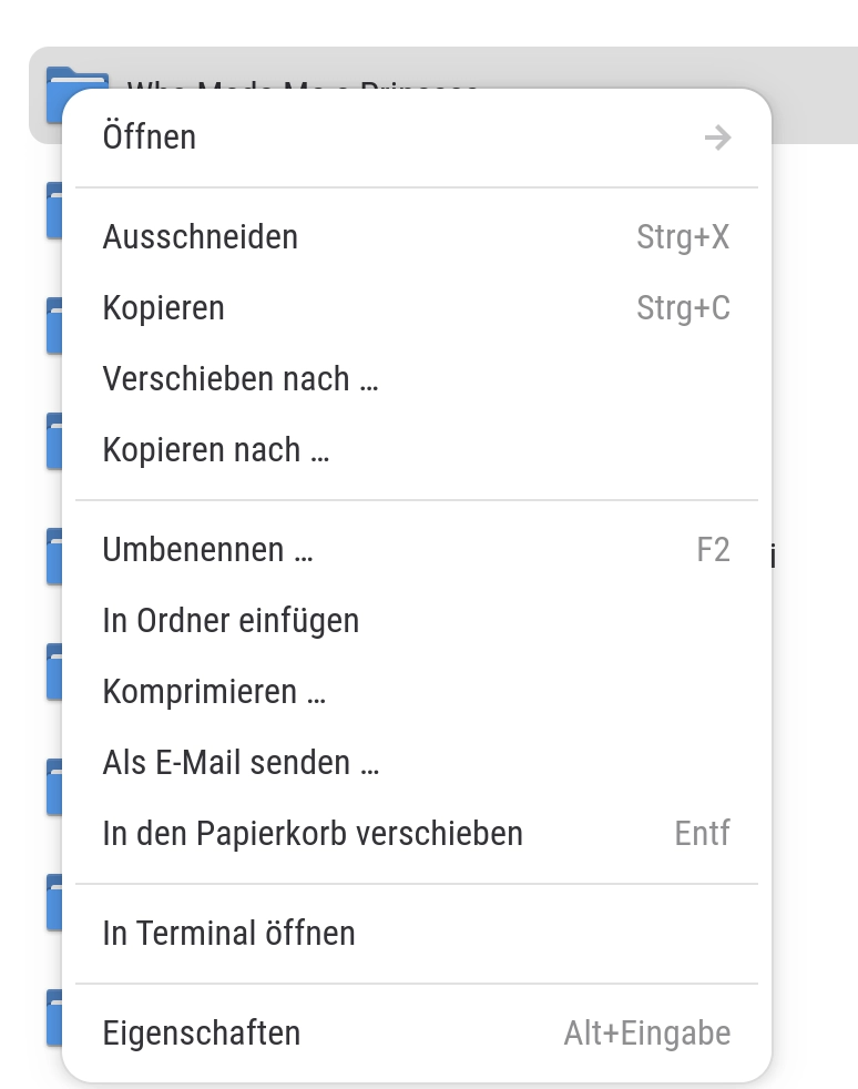 Context menu in Nautilus. There's

Open (which leads to a submenu)
Cut
Copy
Move to...
Copy to...
Rename...
Insert in folder
Compress...
Send as email...
Move to trash
Open in Terminal
Properties