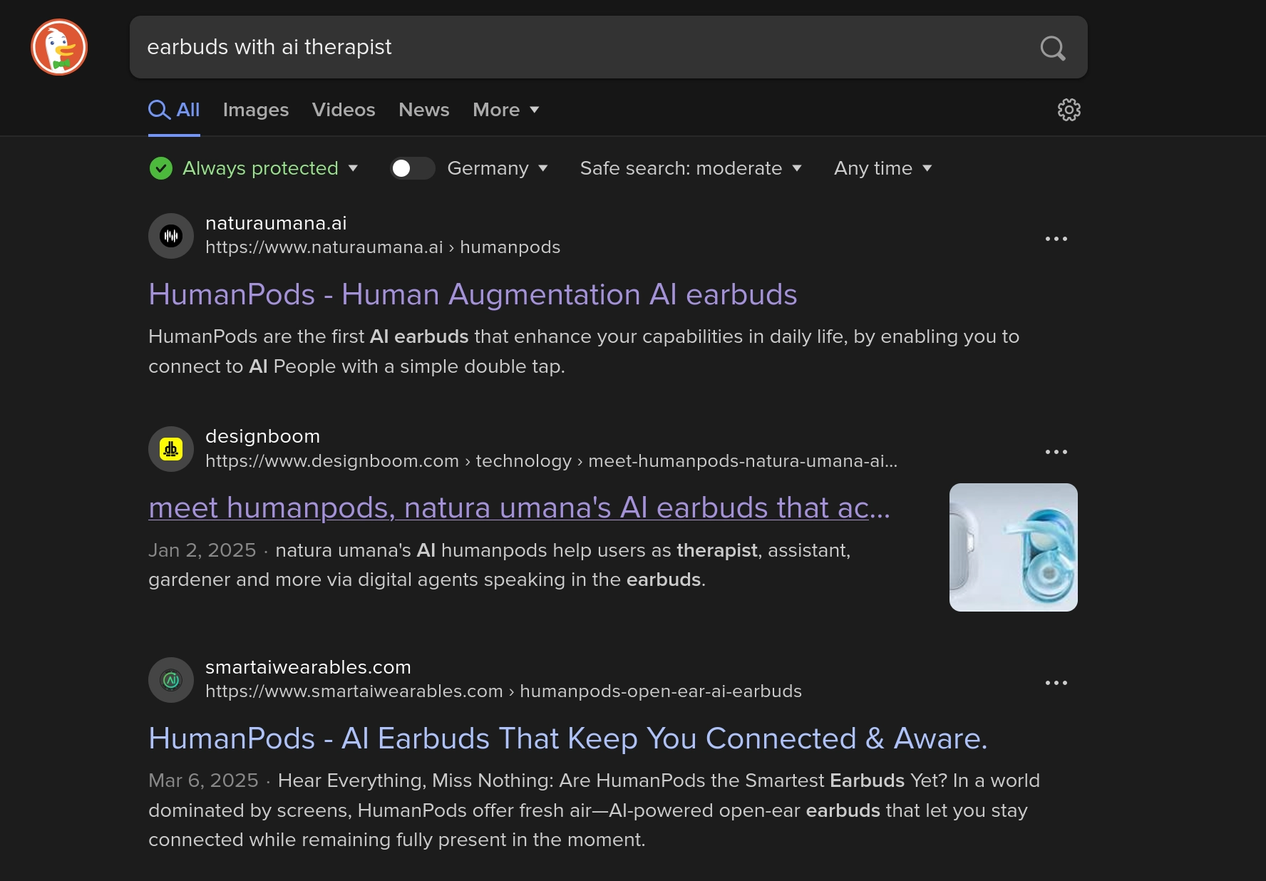 DuckDuckGo search results for the query "earbuds with ai therapist" revealing that this product does exist.