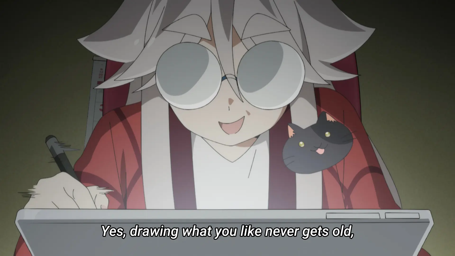 Screenshot from the anime "Mono" showing a manga artist drawing on a tablet. The subtitle says "Yes, drawing what you like never gets old"