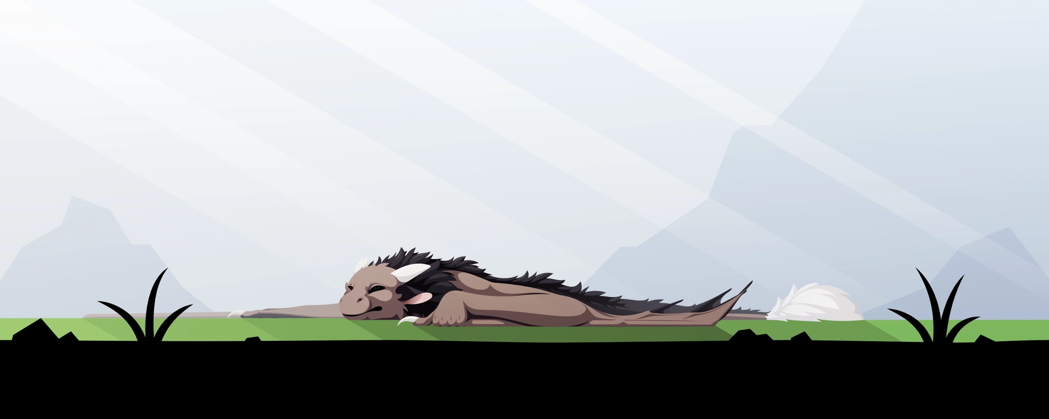 Vector art of a brown furred wyvern lying flat on the grass. The lighting is dramatic, breaking through clouds from the top left corner. You can see rocks and a mountain in the far distance.